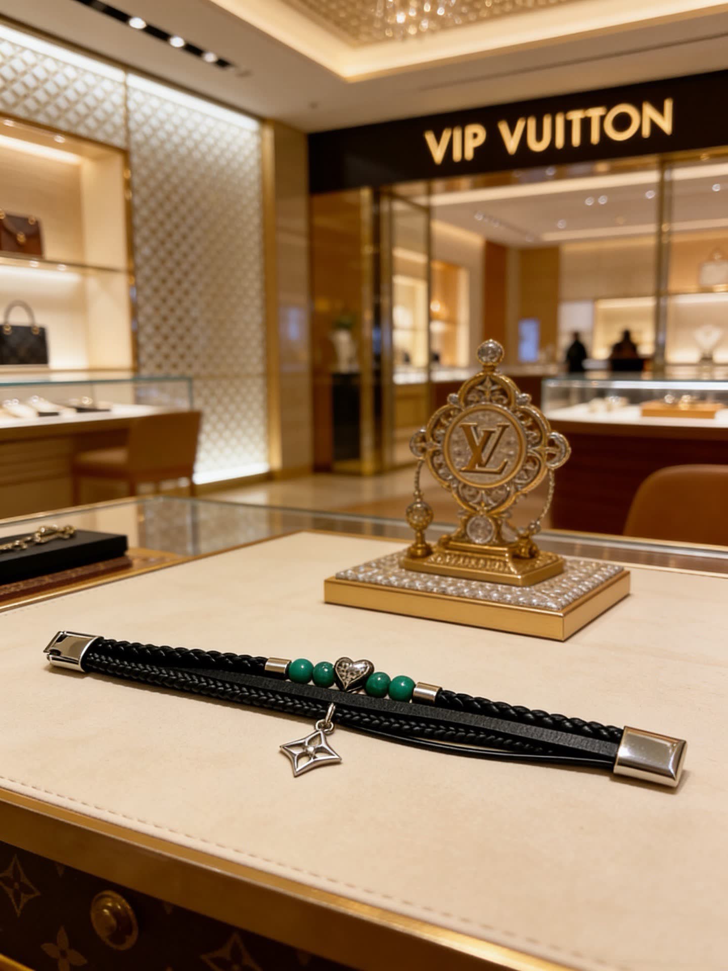 Louis Vuitton Men's Double Wrap Bracelet with Green Beads and Silver Charm